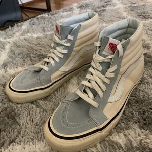 Cream and baby blue high top vans